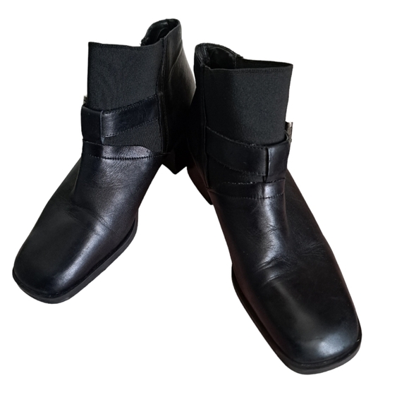 NINE WEST leather booties buckle elastic comfort ankle boots block heel black 6 - Picture 2 of 10